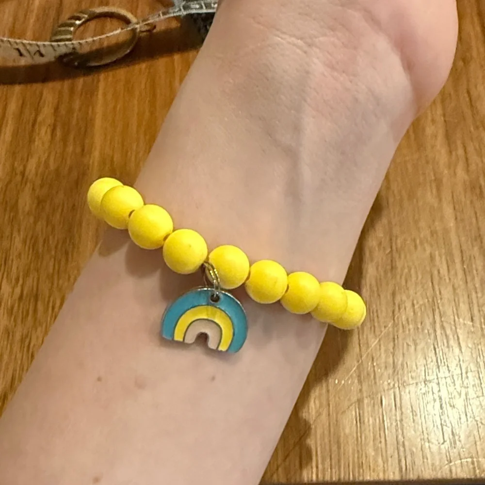 Yellow Beaded Kids Bracelet with Rainbow Charm